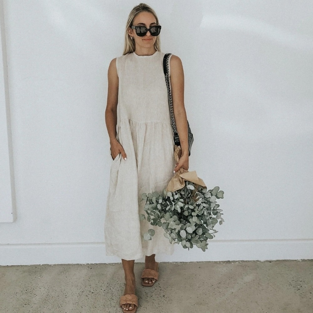 NWT LJC Designs Womens 100% Linen Maxi Dress Minimalist Boho‎ Oversized Beige XS